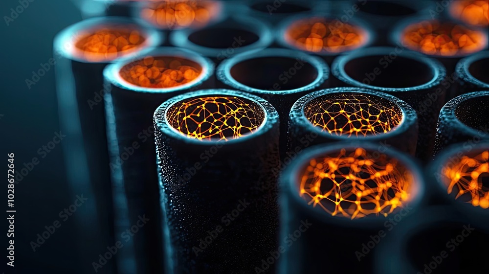 Abstract close-up of cylindrical structures with glowing orange interior texture. Abstract close-up of cylindrical structures with glowing orange interior texture.
