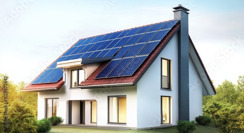 Wallpaper Mural A modern house with solar panels on the roof, surrounded by greenery under a bright sky. Torontodigital.ca