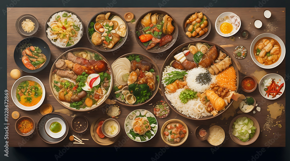 High quality natural aromatic spices arranged top view composition of various Asian food in bowl on a wooden background. High quality natural aromatic spices arranged top view composition of various Asian food in bowl on a wooden background.