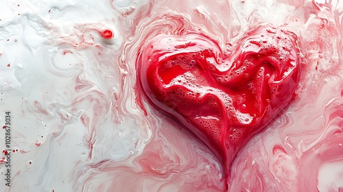 Red heart shape formed from a red liquid in a white and red swirl.