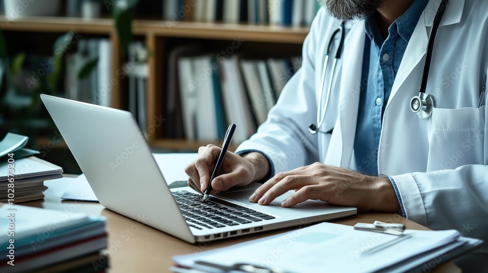 Doctor wearing a white coat using a laptop and writing notes at a desk in an office with bookshelves. Doctor wearing a white coat using a laptop and writing notes at a desk in an office with bookshelves.