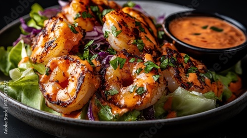 A vibrant grilled shrimp salad featuring crispy greens and cabbage with a side of creamy dipping sauce, offering a perfect fusion of flavors and textures.