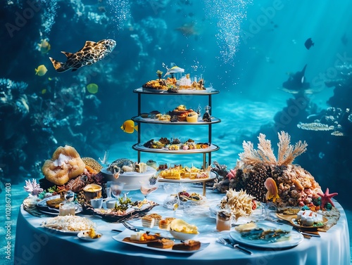 Underwater banquet, vibrant marine life swims alongside exquisite dishes, innovative lighting illuminates the feast, dreamlike ambiance photo