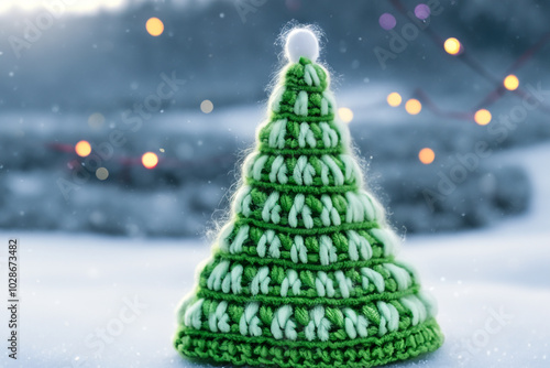 sapin en tricot vert avec fond enneigé et lumière