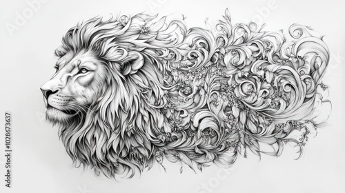 A detailed lion tattoo design with intricate line work and shading, suitable for a large back or arm piece