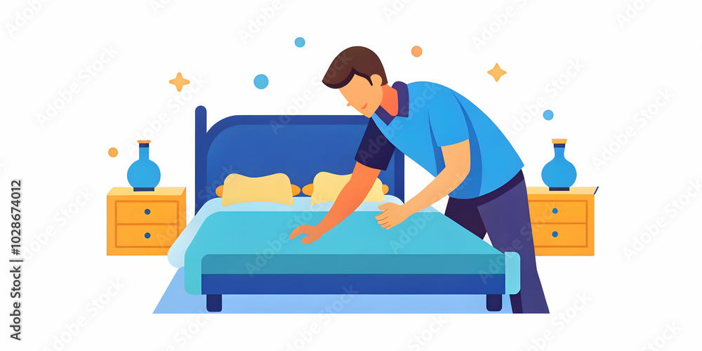Candid Image of Person Making a Bed in a Tidy Bedroom - Ideal for Home Furnishings, Bedding Ads, and Minimalist Living Solutions | Photo Stock Concept Candid Image of Person Making a Bed in a Tidy Bedroom - Ideal for Home Furnishings, Bedding Ads, and Minimalist Living Solutions | Photo Stock Concept