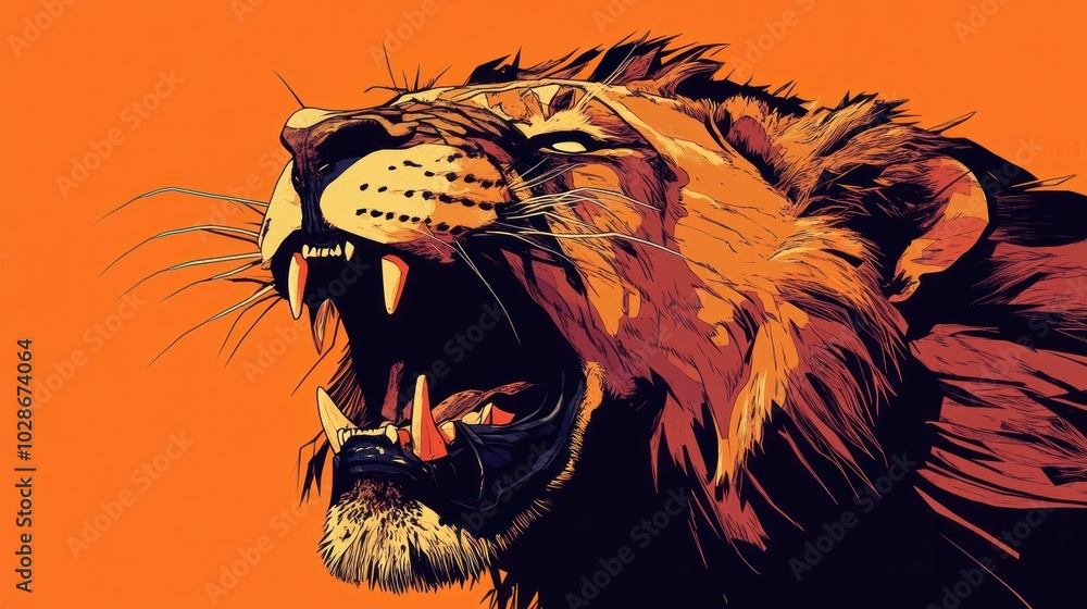 A stylized depiction of a roaring lion, graphic novel style with exaggerated features and bold outlines A stylized depiction of a roaring lion, graphic novel style with exaggerated features and bold outlines