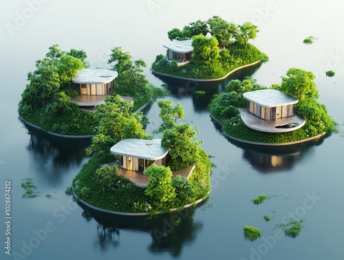 Floating eco-friendly homes on a calm lake. photo