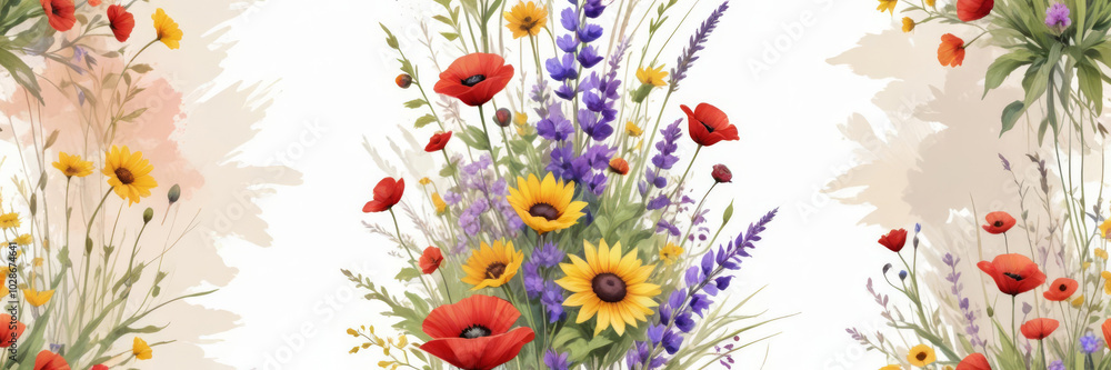 Purple, yellow and red wild flowers on a white background Purple, yellow and red wild flowers on a white background