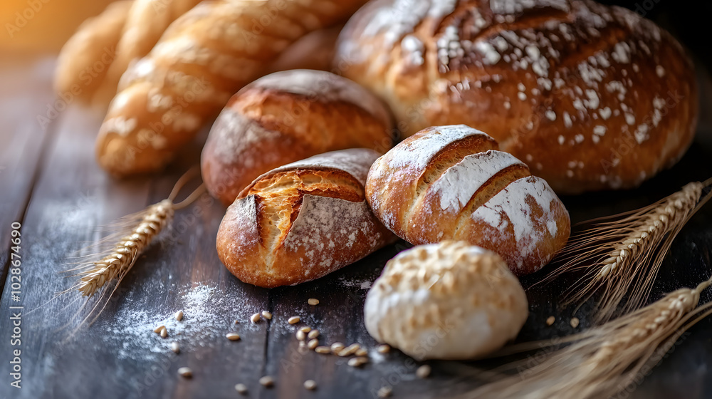 A Rustic Bakery Scene Featuring an Array of Freshly Baked Breads on Dark Wood with Wheat and Space for Text A Rustic Bakery Scene Featuring an Array of Freshly Baked Breads on Dark Wood with Wheat and Space for Text