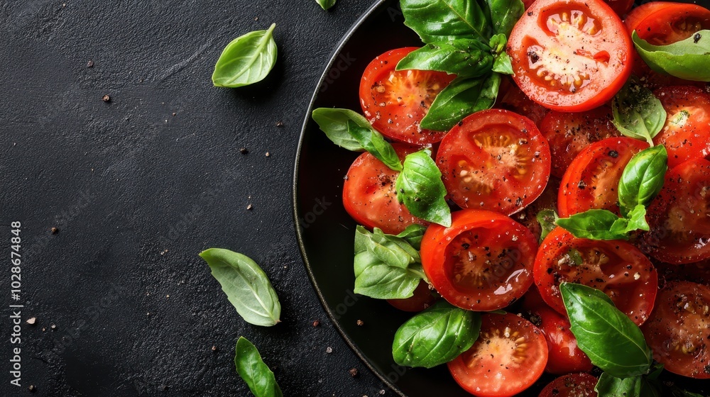 A platter showcasing creatively arranged tomatoes and vibrant basil leaves, highlighting the harmony of colors and textures with a modern artistic touch and flair. A platter showcasing creatively arranged tomatoes and vibrant basil leaves, highlighting the harmony of colors and textures with a modern artistic touch and flair.
