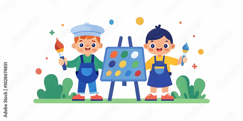 Capture a Macro Close-Up of Children as Talented Young Artists Painting Outdoors with Toy Brushes and Colorful Paints, Emphasizing Creativity in a Blurry Nature Background ? Perfect Stock Photo for Ex Capture a Macro Close-Up of Children as Talented Young Artists Painting Outdoors with Toy Brushes and Colorful Paints, Emphasizing Creativity in a Blurry Nature Background ? Perfect Stock Photo for Ex