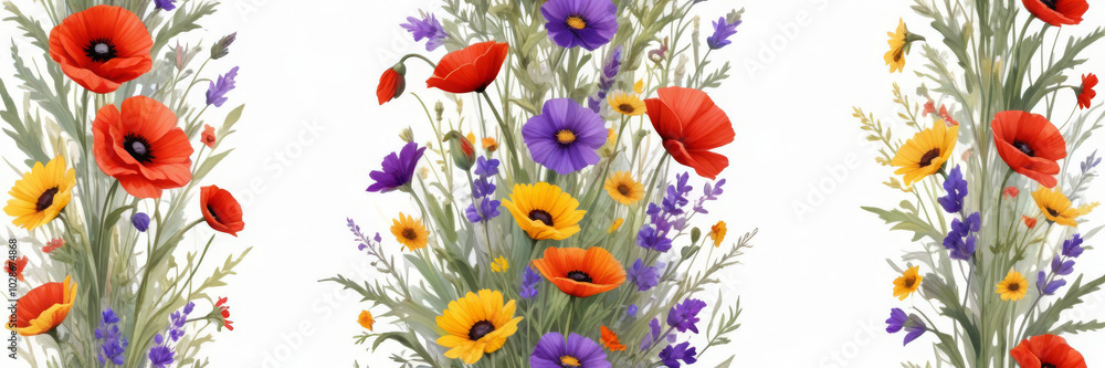 Purple, yellow and red wild flowers on a white background Purple, yellow and red wild flowers on a white background
