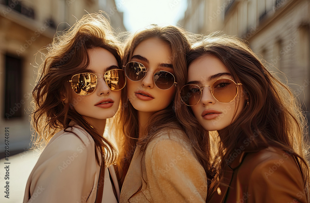 three beautiful models wearing golden sunglasses and beige dresses with bronze details, posing in front of an elegant boutique on the streets of Paris. three beautiful models wearing golden sunglasses and beige dresses with bronze details, posing in front of an elegant boutique on the streets of Paris.