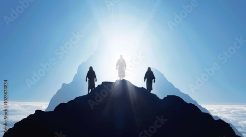 Silhouetted figures ascend mountain with radiant sunrise in background. Transfiguration of Jesus on the mountain, Moses and Elijah standing beside him photo