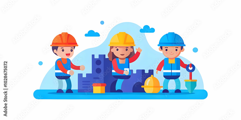 Fototapeta premium Children in Construction Attire Building Sandcastle on Beach - Collaboration and Creativity in Action Over Soft Abstract Background