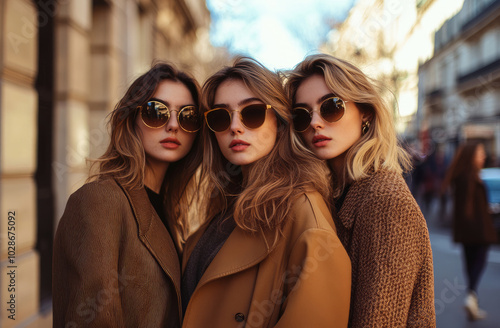 Three beautiful fashion models wearing sunglasses and golden , posing for the camera on a Paris street