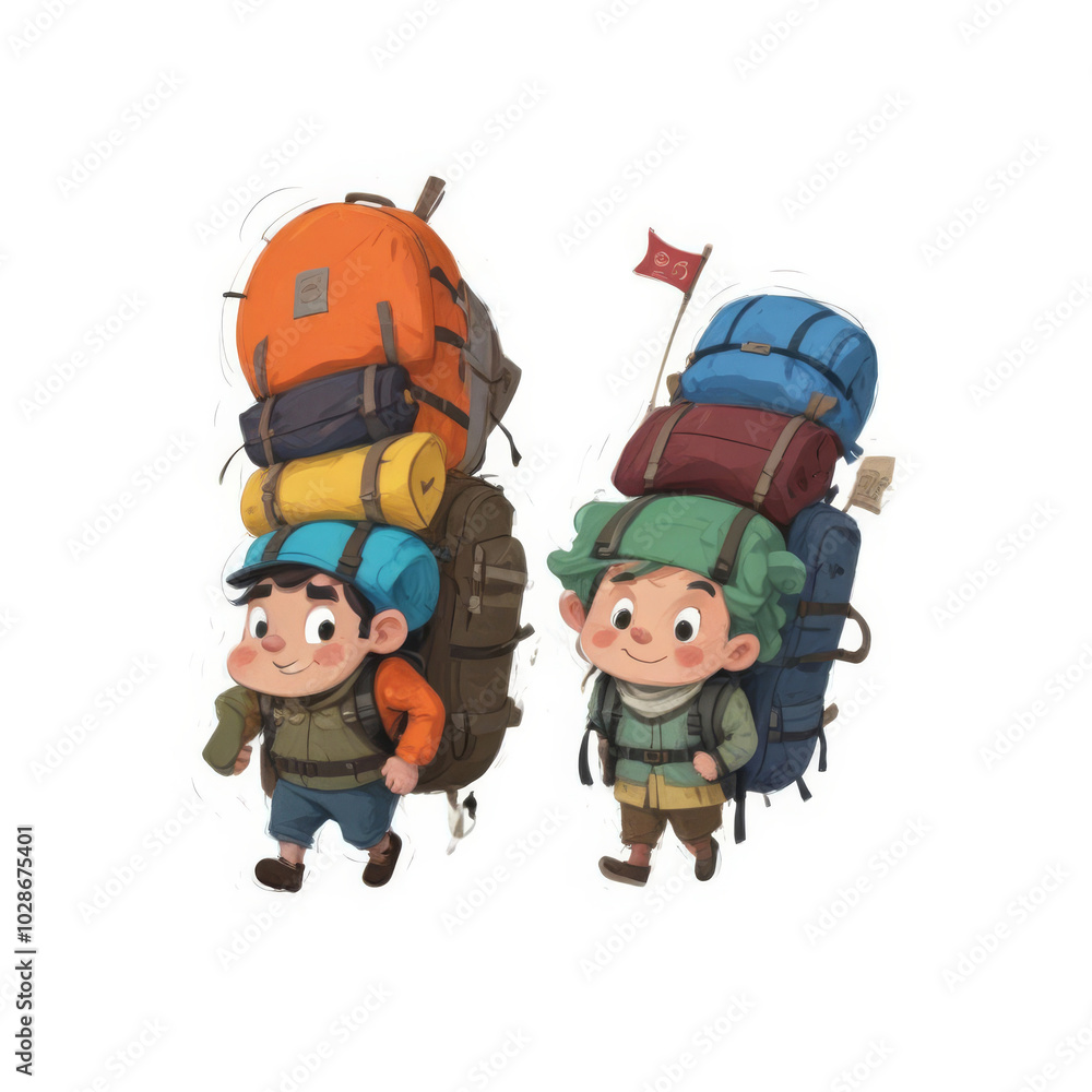 Illustration of two tourists with huge backpacks going on a hike Illustration of two tourists with huge backpacks going on a hike
