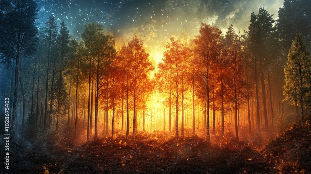 A forest where time flows differently in each section--one tree grows slowly while the next decays instantly, all set in glowing autumn hues with swirling mist A forest where time flows differently in each section--one tree grows slowly while the next decays instantly, all set in glowing autumn hues with swirling mist