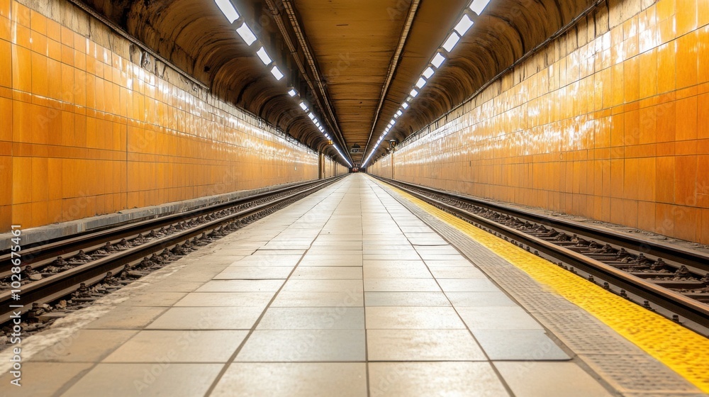 Empty subway platform with illuminated tunnel, perspective view. Concrete floor. Empty subway platform with illuminated tunnel, perspective view. Concrete floor.