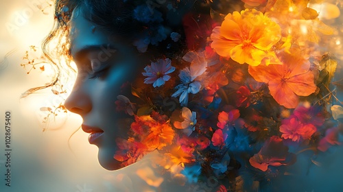 A woman's face is blended with a field of flowers, creating a surreal and beautiful image.