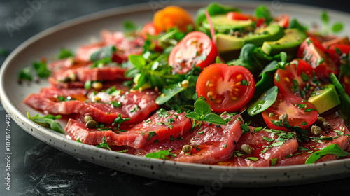 Beef Carpaccio Salad elegantly presented on a white plate in a chic restaurant. The dish features thin slices of raw beef on mixed greens, cherry tomatoes photo