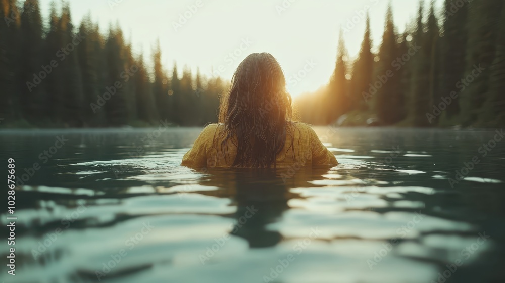 A person stands chest-deep in a tranquil lake surrounded by pine trees, with the setting sun casting a warm glow over the peaceful natural landscape. A person stands chest-deep in a tranquil lake surrounded by pine trees, with the setting sun casting a warm glow over the peaceful natural landscape.
