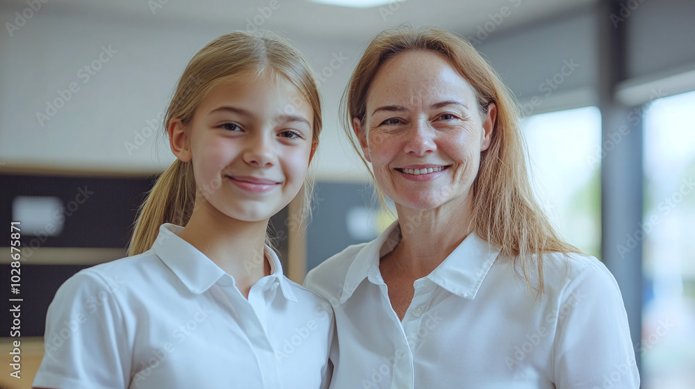 Smiling schoolgirl with a teacher in a school classroom Smiling schoolgirl with a teacher in a school classroom