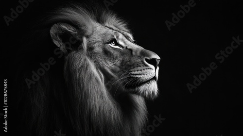 Artistic lion portrait in black and white, with a dramatic use of shadows and highlights photo