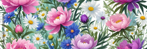 Wallpaper Mural Chamomile, peonies and other wild flowers on a white background Torontodigital.ca