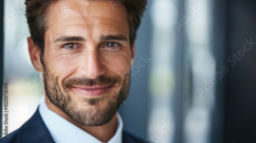 Close-up portrait of a smiling man with a beard, wearing a suit jacket