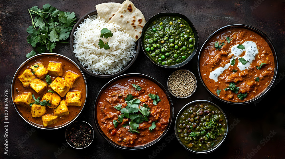 A vibrant Indian meal featuring curries, rice, and bread. A vibrant Indian meal featuring curries, rice, and bread.