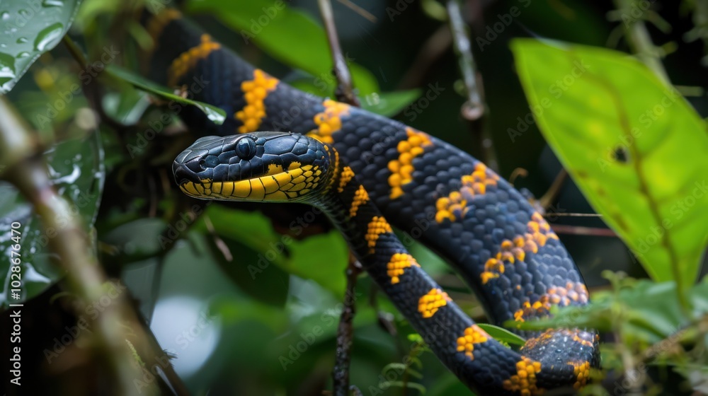 Black and Yellow Banded Snake on a Branch in Green Foliage Black and Yellow Banded Snake on a Branch in Green Foliage