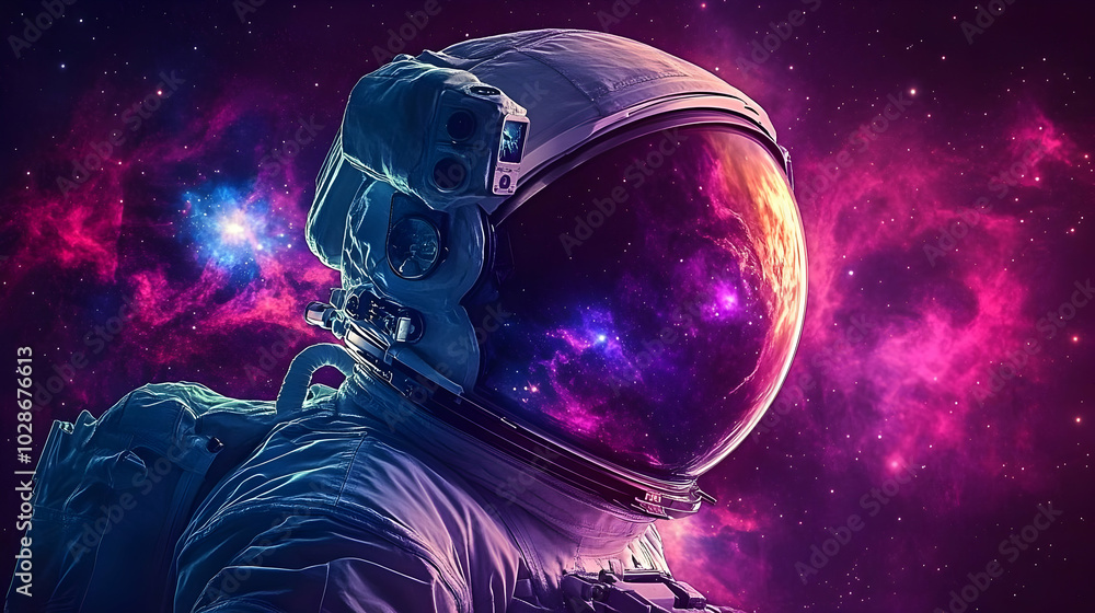 Astronaut in a vibrant cosmic background with nebula colors. Astronaut in a vibrant cosmic background with nebula colors.