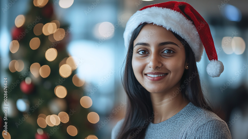 Smiling Indian businesswoman in a Santa hat near a Christmas tree in the office Smiling Indian businesswoman in a Santa hat near a Christmas tree in the office
