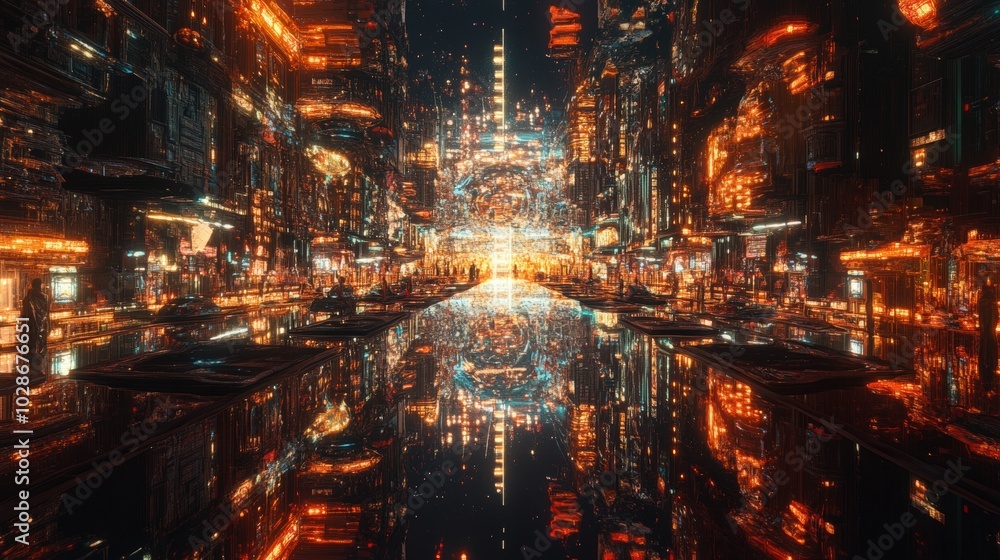 Fototapeta premium A mirror standing in a busy cosmic city, reflecting an infinite number of parallel worlds--each one stranger and more surreal than the last 
