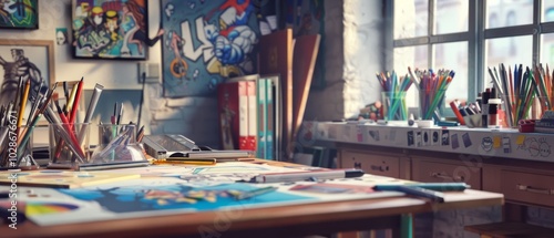 An inspiring artist's corner filled with bright sketches, colorful pencils, and creative energy in a sunlit room.