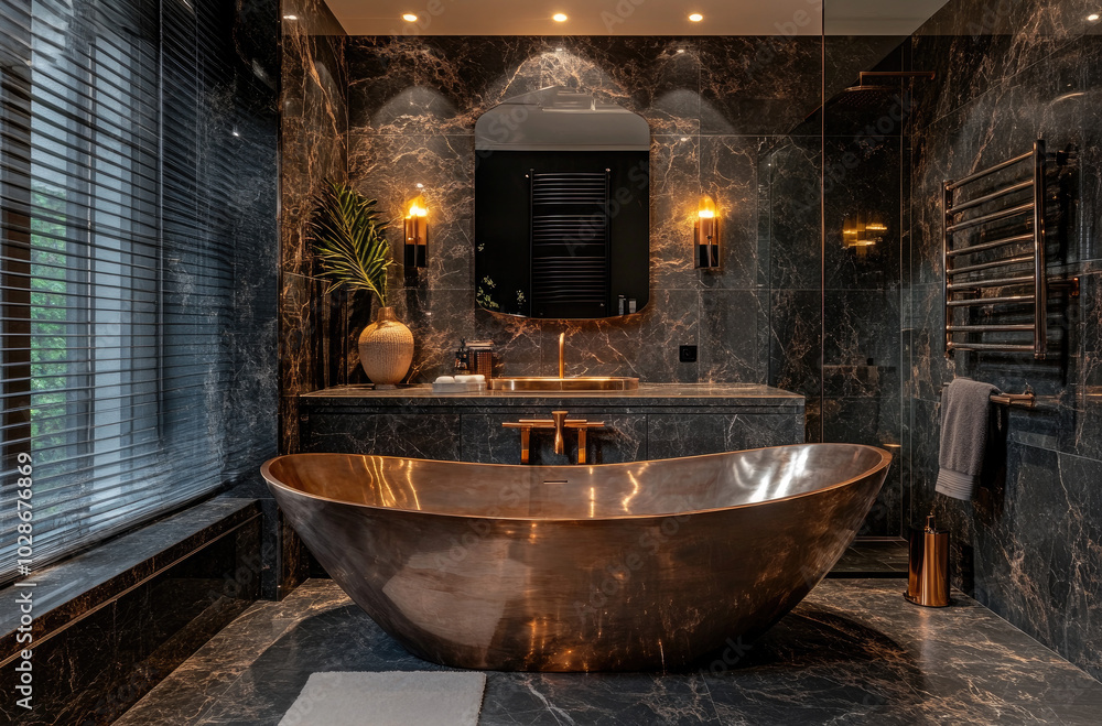 A luxurious bathroom with dark marble walls, copper accents, and an elegant bathtub. The lighting is soft yet dramatic, creating a sense of opulence and sophistication A luxurious bathroom with dark marble walls, copper accents, and an elegant bathtub. The lighting is soft yet dramatic, creating a sense of opulence and sophistication