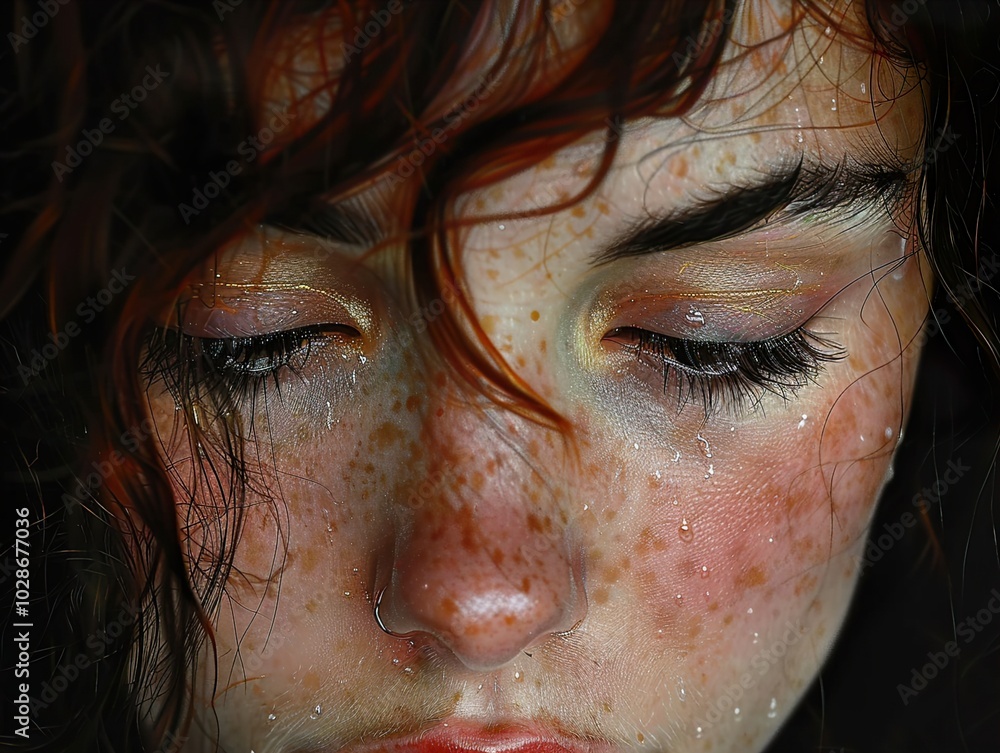 Close-Up Portrait of a Woman with Tears in Her Eyes Close-Up Portrait of a Woman with Tears in Her Eyes