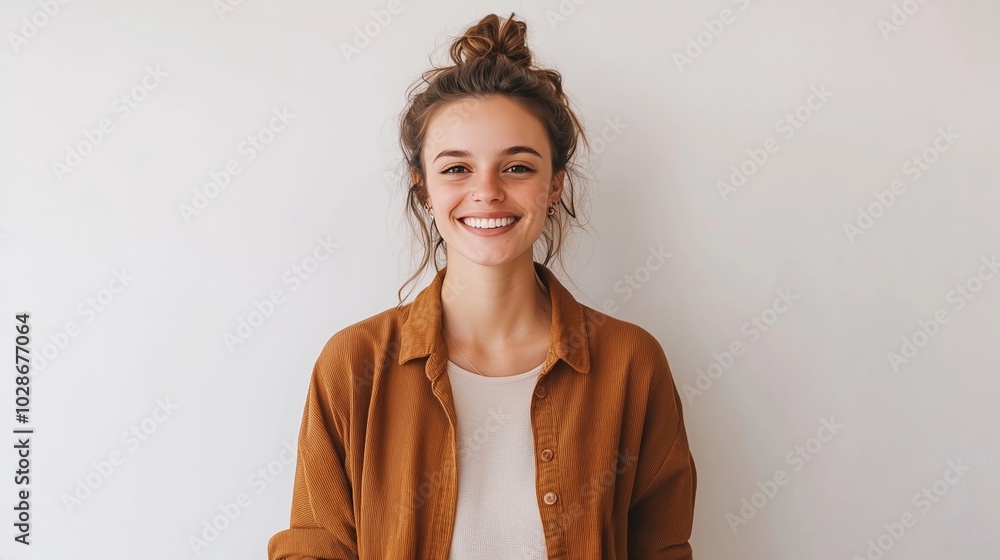 A cheerful young woman stands against a simple wall, wearing a light brown shirt A cheerful young woman stands against a simple wall, wearing a light brown shirt