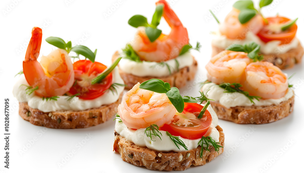 Tasty canapes with shrimps, vegetables and cream cheese isolated on white Tasty canapes with shrimps, vegetables and cream cheese isolated on white