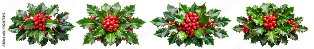 Fototapeta premium Festive Christmas Holly Plant Set with Red Berries ang green leaves Isolated on White Transparent Background, PNG Element. Ideal for festive designs and seasonal decorations.