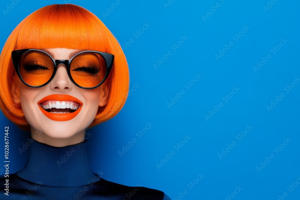 woman with orange hair, wearing sunglasses and laughing heartily while posing for the camera against a dark blue background. with copy space woman with orange hair, wearing sunglasses and laughing heartily while posing for the camera against a dark blue background. with copy space