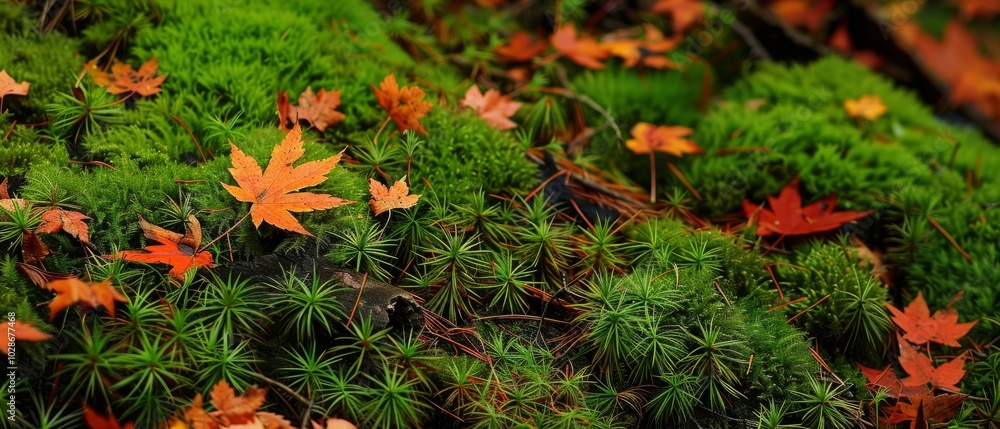 Vibrant red and orange autumn leaves are scattered over lush green moss, capturing the essence of seasonal change in a forest setting. Vibrant red and orange autumn leaves are scattered over lush green moss, capturing the essence of seasonal change in a forest setting.