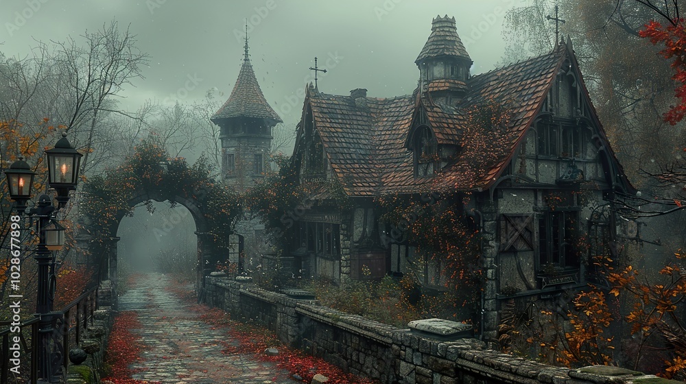 Fototapeta premium Enchanted Stone House in a Foggy Forest