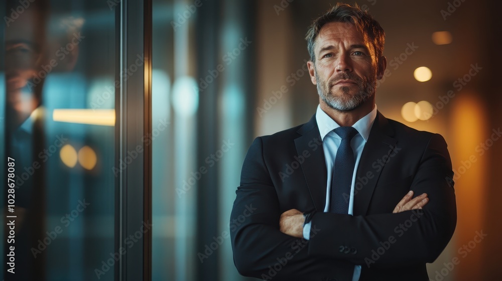 A confident, well-dressed man in formal business attire, standing with arms crossed near a window, exuding professionalism and determination in a corporate environment. A confident, well-dressed man in formal business attire, standing with arms crossed near a window, exuding professionalism and determination in a corporate environment.
