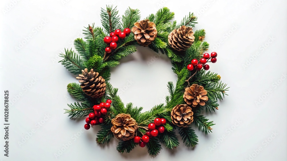 Christmas Wreath Flat Lay on White Background for Holiday Decor and Festive Compositions Christmas Wreath Flat Lay on White Background for Holiday Decor and Festive Compositions