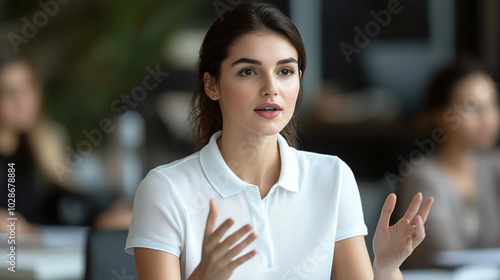 Young businesswoman giving speech and gesturing with hands in office space