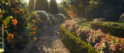 A sunlit garden pathway flanked by vibrant flowers and trimmed hedges, leading to a tranquil retreat.