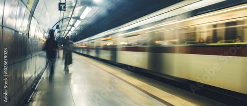 A speeding train blurs by passengers waiting on the metro platform, capturing the essence of rapid urban life.